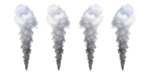 Four distinct, dark-to-light grey plumes of smoke or thick vapor ascending vertically in parallel against a clear white background, illustrating a repetitive and controlled atmospheric effect. © md