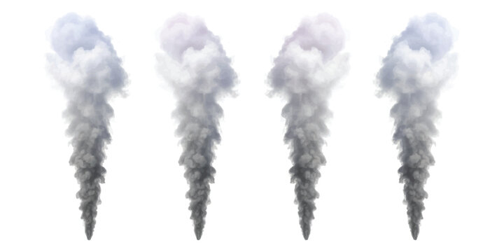 Four distinct, dark-to-light grey plumes of smoke or thick vapor ascending vertically in parallel against a clear white background, illustrating a repetitive and controlled atmospheric effect.