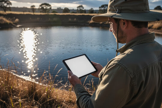 Man using tablet by pond monitoring irrigation and water usage at sunset