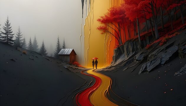 Abstract oil painting with rich yellow, orange and black textures depicting trees and a house, creating a warm expressive landscape with bold artistic strokes.