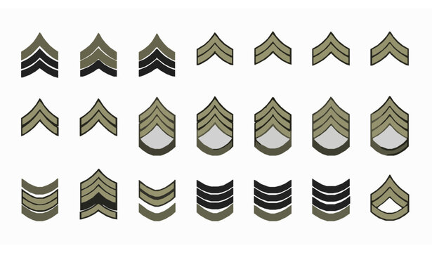 Military rank chevron icon set with army badge symbols in clean flat vector style isolated on white background