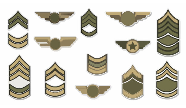Military badge sticker style icon set with army rank chevrons and patch symbols in modern vector design