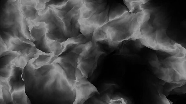 Monochrome abstract smoke or fog clouds drifting and swirling in dark space, creating a moody atmospheric background for horror, mystery, cinematic and design use