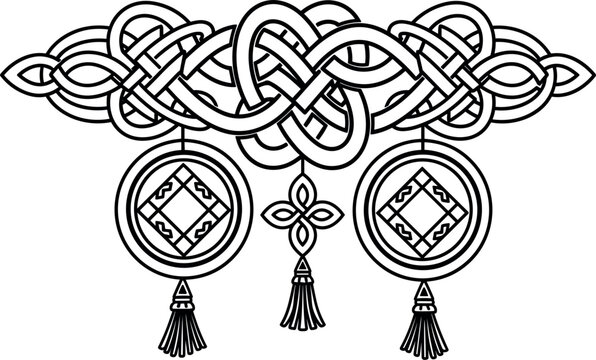 Traditional Chinese knot border with hanging ornaments decorative line art illustration