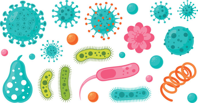 Set of bacteria viruses and microorganisms colorful biology science illustration collection