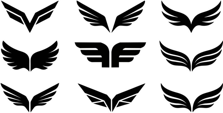 Wing Collection: A collection of various stylized wings in dark, offering versatility for design purposes. This image encapsulates freedom and flight.