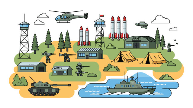 Extensive military base landscape with various equipment like tanks helicopters ships missiles and soldiers on duty for defense and protection.