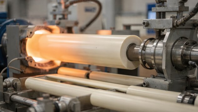 Closeup medium shot of creamcolored CPVC piping being formed emphasizing its heatresistant quality and precision during manufacturing.