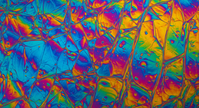 Abstract colorful crystalline structures under polarized light microscopy, showcasing vibrant interference colors and intricate patterns.