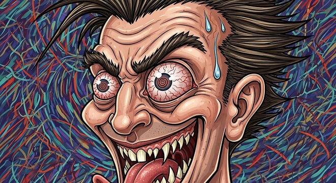 Exaggerated portrait of a man with wild expression and intense stare