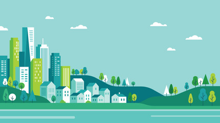 Obraz premium A vibrant, stylized cityscape blends with lush green hills and a tranquil river.
