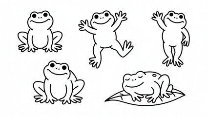 Cute Frog Character Set in Playful Poses  Sitting, Jumping and Relaxing Doodle Line Art Collection © MDSOJEEB