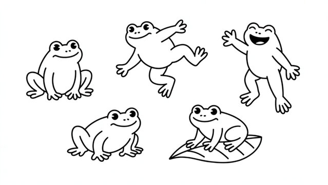 Cute Frog Character Set in Playful Poses Sitting, Jumping and Relaxing Doodle Line Art Collection