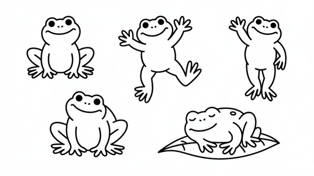 Cute Frog Character Set in Playful Poses  Sitting, Jumping and Relaxing Doodle Line Art Collection