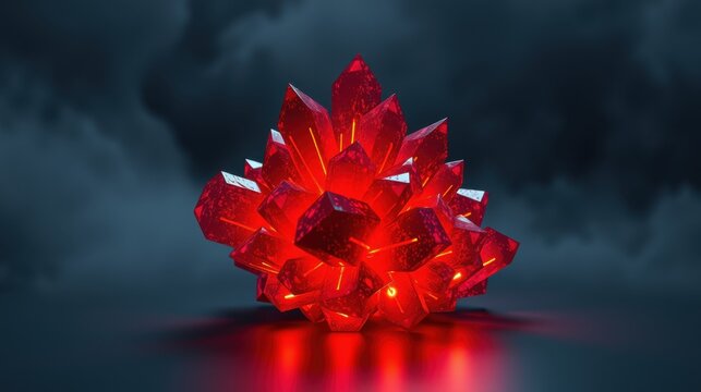 Radiant red crystal formation glows intensely. Dramatic lighting highlights sharp edges, dark background enhances luminosity. Beautiful, captivating object.