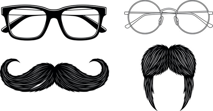 Set of glasses mustache and hairstyle elements hipster style accessories illustration