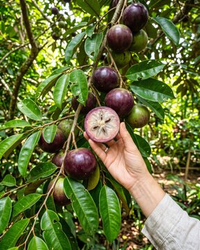 A hand showing the pulp of a caimito fruit on the tree (Chrysophyllum caimito).