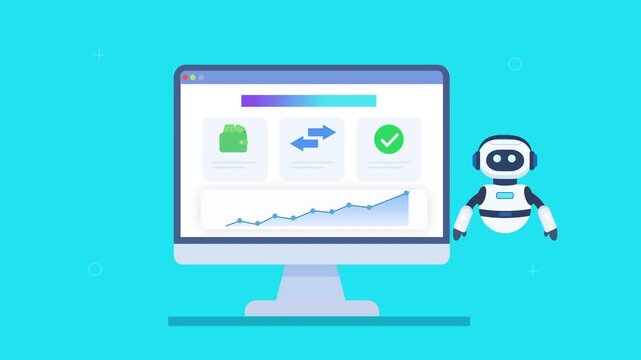 Friendly robot assistant interacting with automated dashboard featuring data exchange, sync arrows, analytics charts, and progress indicators in smooth animation, representing connected systems and ef