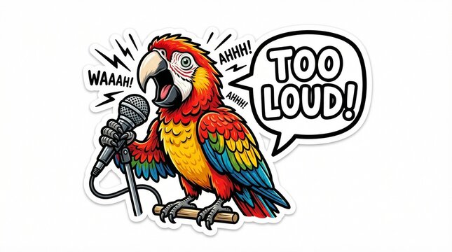 Colorful parrot singing into microphone and shouting "Too Loud!"  
