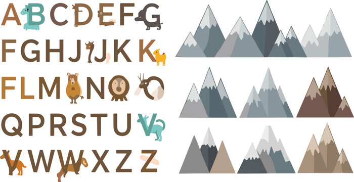 Animal alphabet and mountain landscape vector illustration with ABC letters wildlife characters and stylized nature peaks set in flat design
