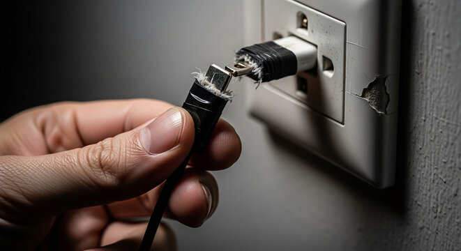A close-up shot of a damaged charging cable being unplugged from a wall socket.