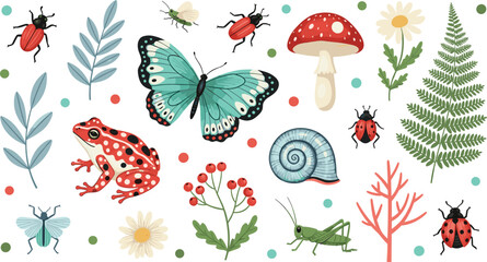 Nature Illustration Icon Set Featuring Butterflies, Frogs, Ladybugs, Mushrooms, Snails, and Plants for Garden and Outdoor Designs © Rownok