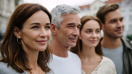 Fototapeta premium Three adults share a moment of connection and genuine smiles while enjoying an outing in an urban environment