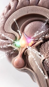 Endocrine system animation 3d concept brain anatomy human pituitary gland hypothalamus sagittal cutaway with colorful highlight showing hormone regulation and neuroendocrine connection medical