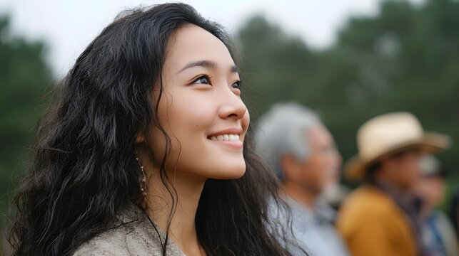 A smiling young woman viewed in profile at an outdoor gathering suggesting joy and connection with family and friends