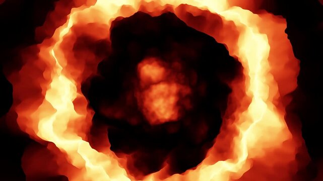 Abstract fiery smoke ring expands and swirls with glowing flames and hot embers on a dark background, ideal for action, danger, energy, and VFX overlays