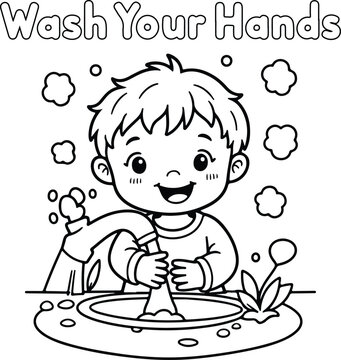 Kids Coloring Page A young boy washing his hands with soap and water in a playful illustration Line Art Illustration
