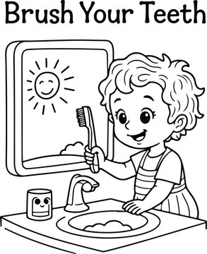 Kids Coloring Page A young child brushing their teeth in a bathroom sink with a toothbrush and toothpaste Line Art Illustration