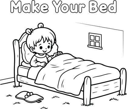 Kids Coloring Page A young child making their bed in a simple bedroom with a window Line Art Illustration