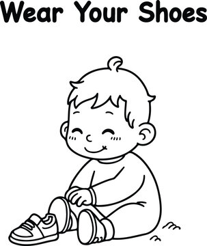 Kids Coloring Page A young child sitting on the floor putting on their shoes with a smile Line Art Illustration