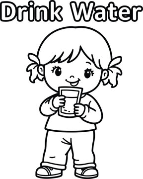 Kids Coloring Page A young girl holding a glass of water and smiling Line Art Illustration