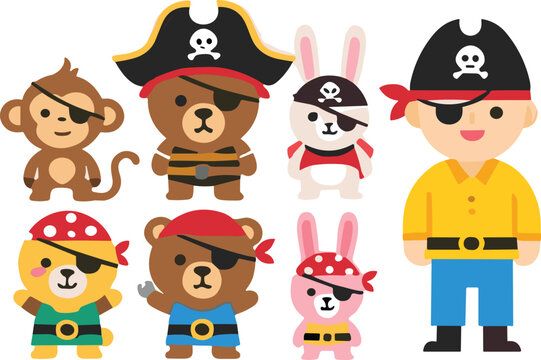 Cute pirate characters vector illustration set with animals and kids in costume cartoon style for adventure theme collection