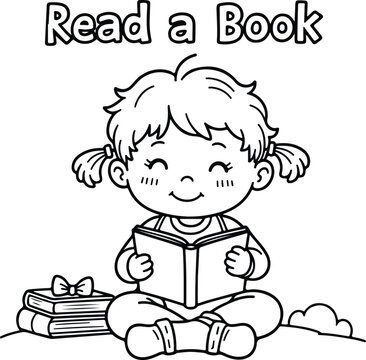 Kids Coloring Page A young girl sitting cross-legged on the floor, smiling while reading a book with a stack of books beside her. Line Art Illustration