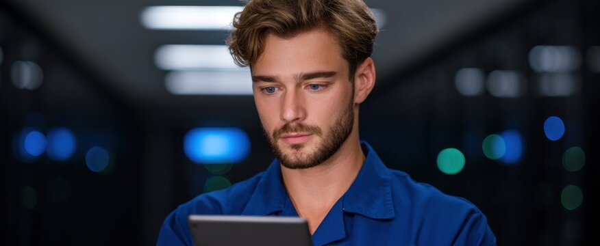 server downtime disruption causing network interruptions while a focused professional uses a tablet