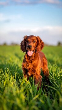 Young Irish Setter Dog Standing In A Lush Green Meadow At Sunset With Its Tongue Out