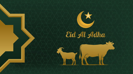 Fototapeta premium Dark Green Gold Grain Texture Eid al-Adha Background 2026 in ration 16:9. geometric ornament on the left side.