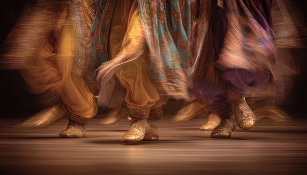 Abstract motion-blur photograph of Bhangra dancers' feet in embroidered punjabi juttis mid-stomp, kaleidoscopic movement, deep warm earth tones, artistic commercial photography for wall art use