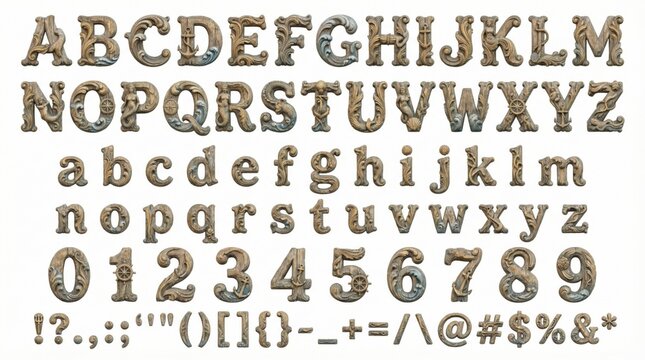 Font alphabet in Ship figurehead alphabet with carved scrolls wave crests and seafaring ornament style from A to Z numbers punctuation isolated on white background.