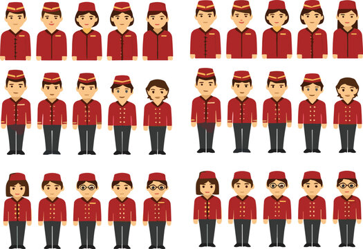 Hotel staff and bellboy uniform characters vector illustration set with service employees in red outfits standing poses in flat style