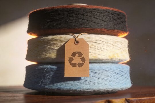 Stacked yarn cones with recycling tag in warm side light