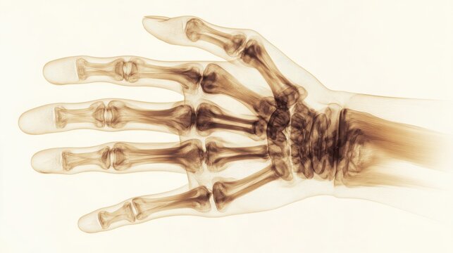 Abstract see through human hand structure showing bone silhouette in soft digital x ray style, clean white background, high detail, minimal medical