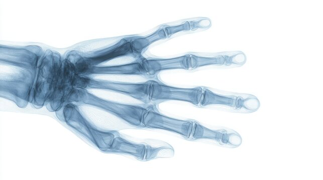 Abstract see through human hand structure showing bone silhouette in soft digital x ray style, clean white background, high detail, minimal medical