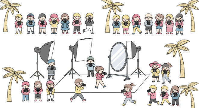 Kids photographers and studio equipment vector illustration set with children taking photos cameras lighting softbox and outdoor elements in cute hand drawn style