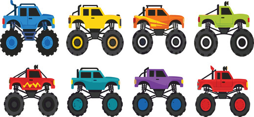 Monster truck collection vector illustration with colorful off road vehicles and big wheels in cartoon style for racing theme design © Sumon Creative
