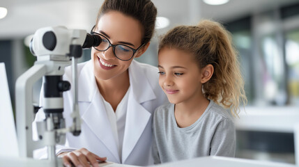 Fototapeta premium Female optometrist examining a young girl using ophthalmology equipment in a medical clinic, pediatric vision test and professional eye care concept, defocused background, with