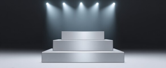 Obraz premium Shiny silver four-level podium on a white backdrop for product showcase and events